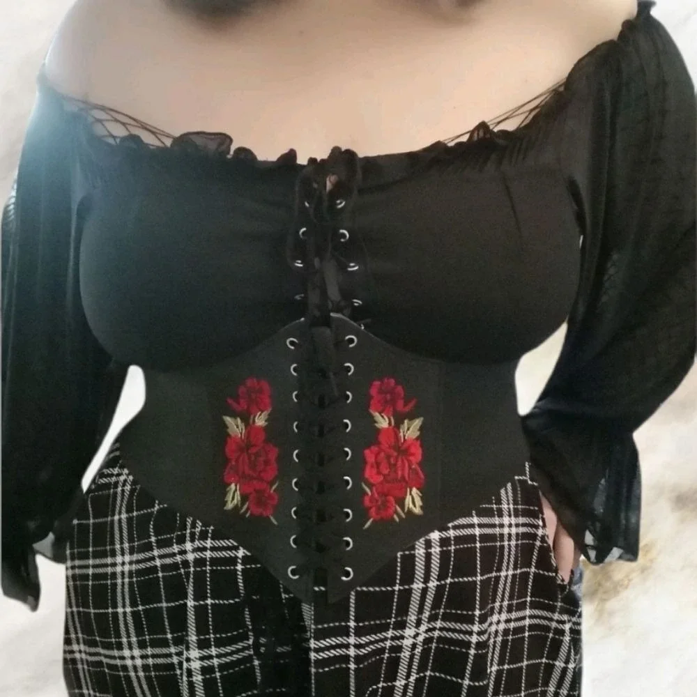 Corset Black Plus size Embroidered Wide Waist Belt Elastic cottage whimsigoth